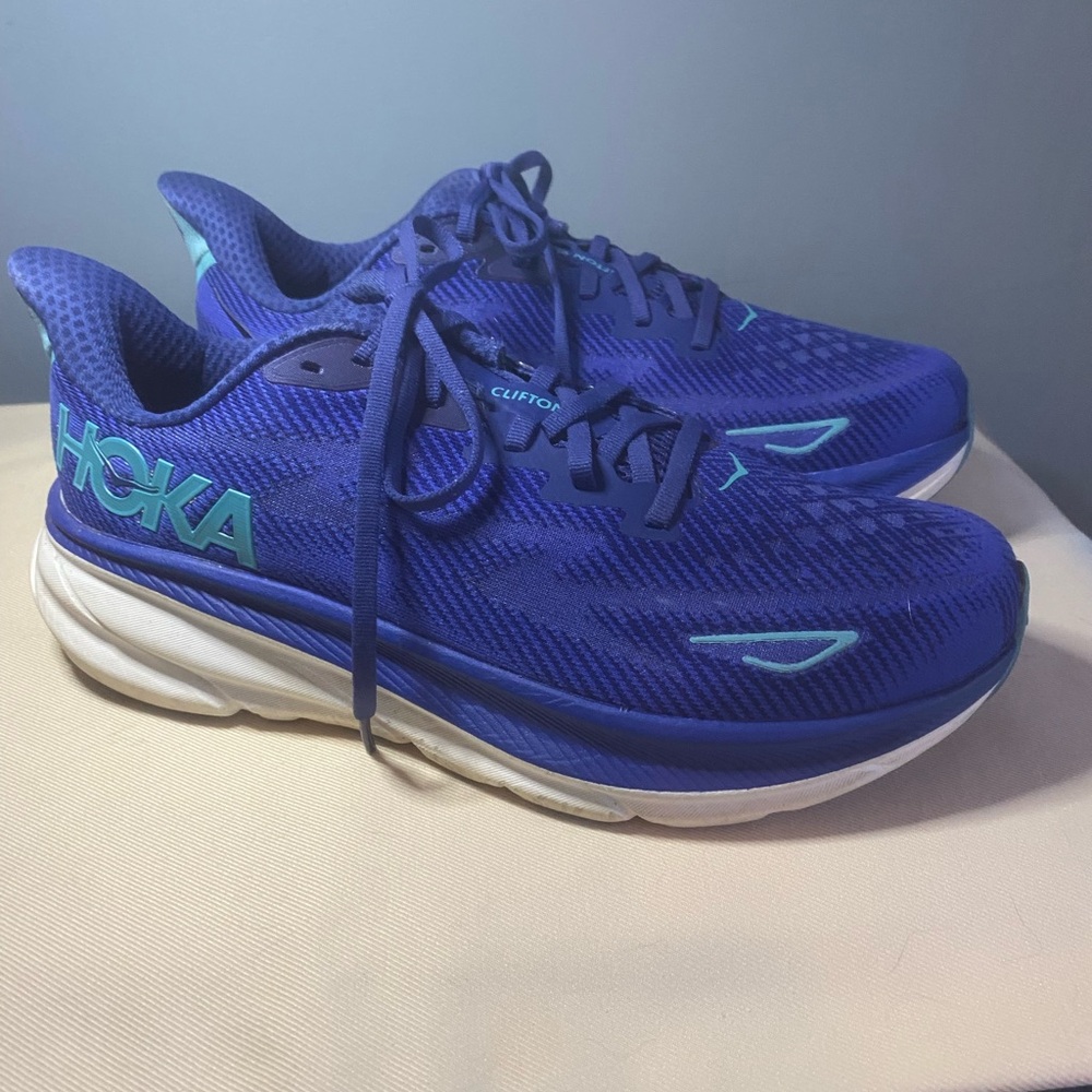 Hoka Clifton 9 Cobalt Blue and Teal Ladies Athletic Shoes